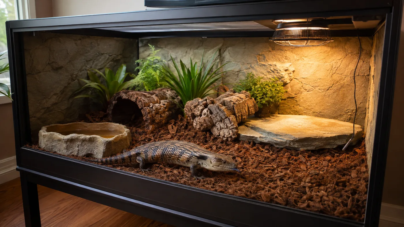 A blue tongue skink in a spacious terrestrial enclosure with deep substrate, hides, water, plants, and a guarded heat source.
