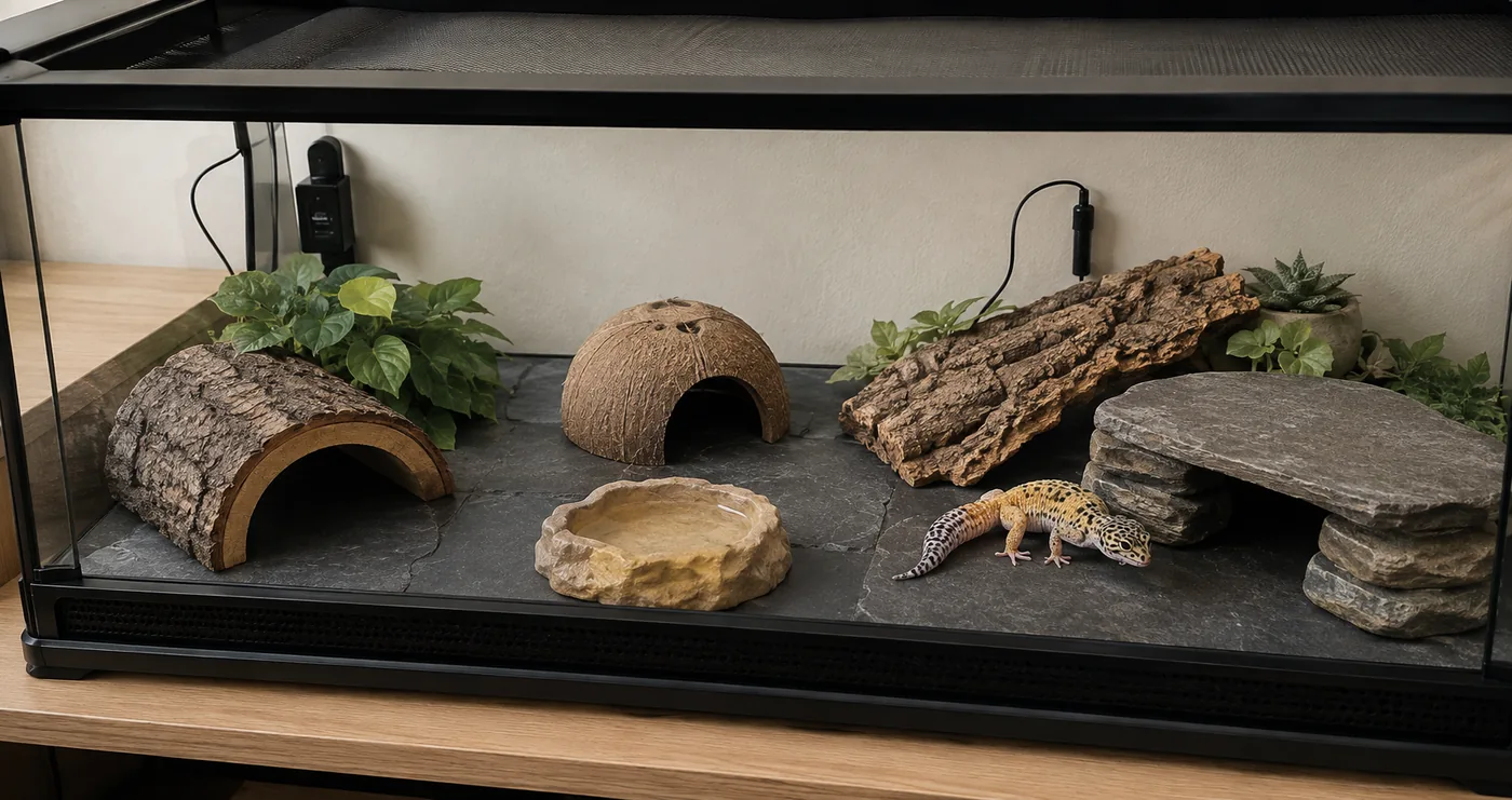 A beginner leopard gecko enclosure with multiple hides, solid flooring, water, cover, and thermometer probes.