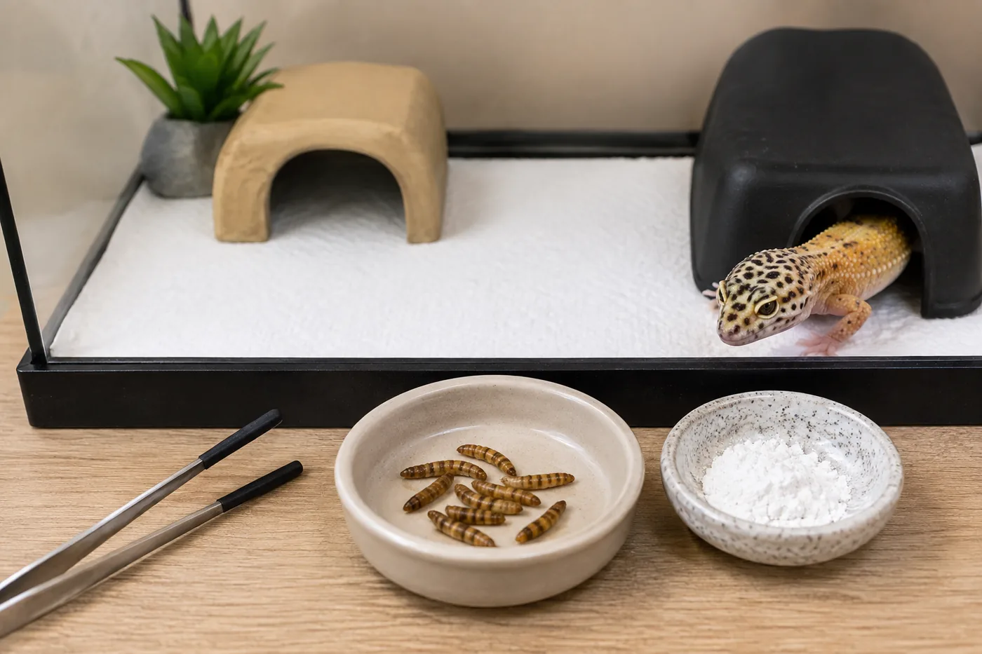 A feeder dish, calcium powder, feeding tongs, and a leopard gecko in a clean beginner setup.